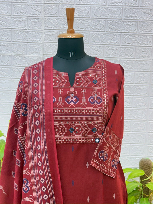 Premium Floral Printed Cotton Suit Set with Elegant Border Dupatta – Maroon