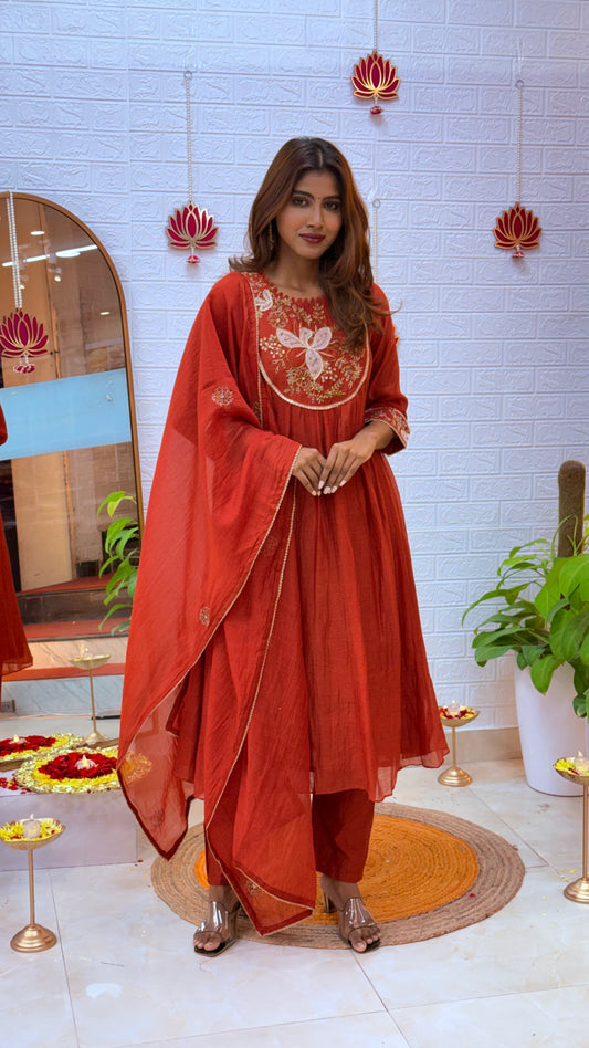 Premium Mul Chanderi Anarkali Suit with Exquisite Handcrafted Detailing – Rust Elegance