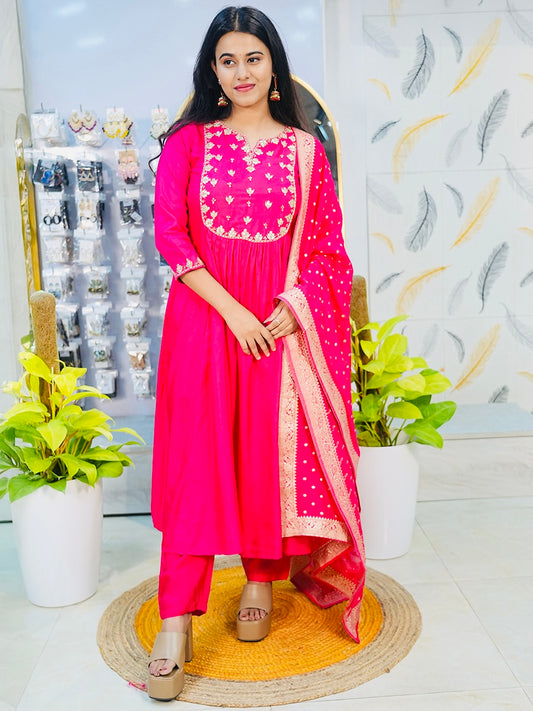 Rani Pink Dola Silk Anarkali Suit