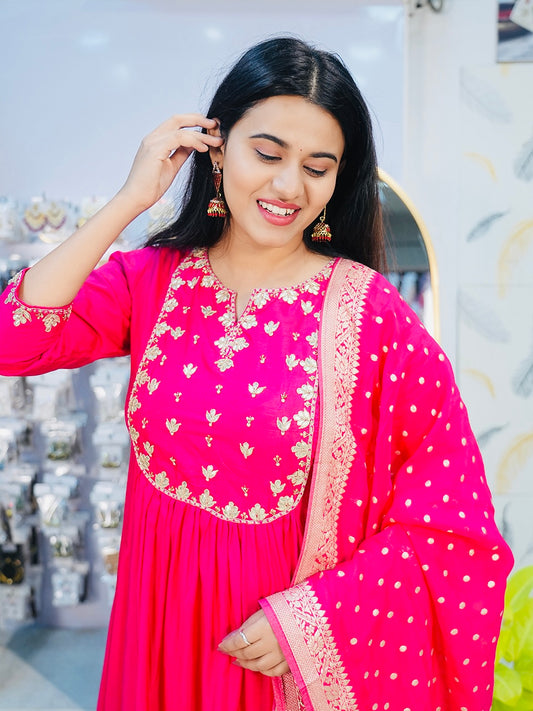 Rani Pink Dola Silk Anarkali Suit