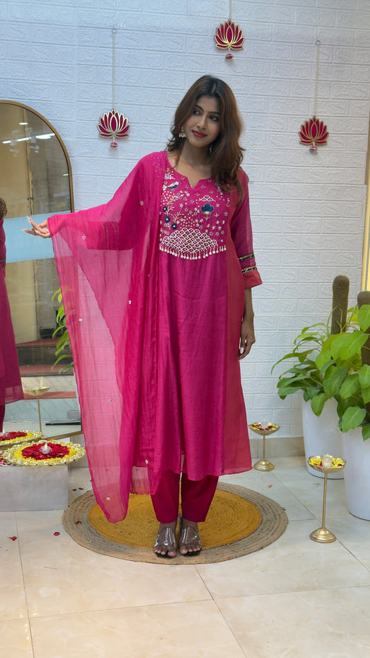 Mul Chanderi Suit with Dupatta – Rani Pink Blossom