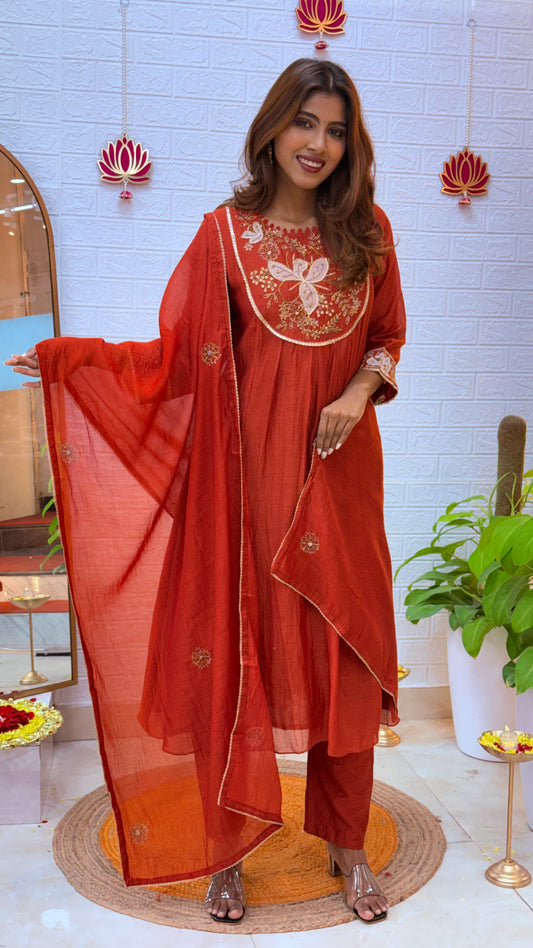 Premium Mul Chanderi Anarkali Suit with Exquisite Handcrafted Detailing – Rust Elegance