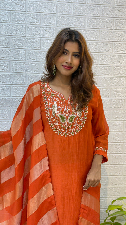 Mul Chanderi Suit with Tissue Dupatta – Tangerine Orange