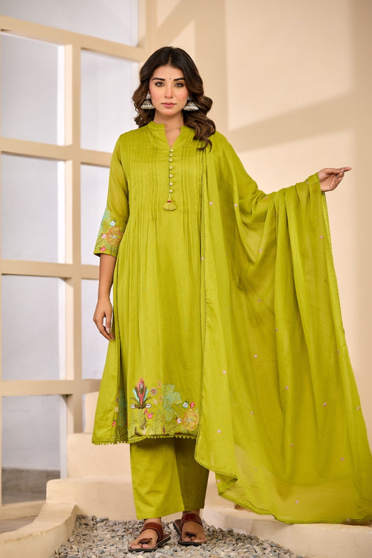 Lime Green Mul Cotton Kurta Set
