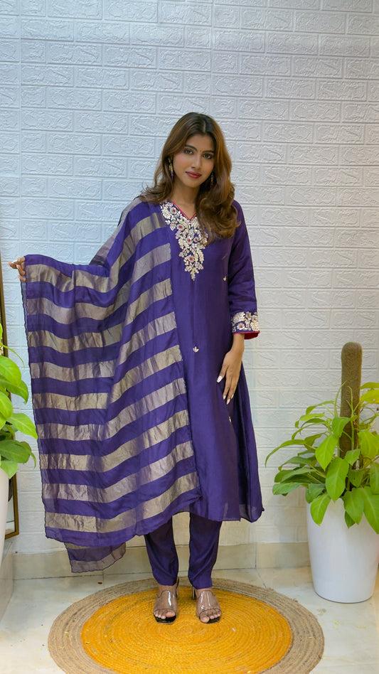 Mul Chanderi Anarkali Suit with Gota Patti Work & Tissue Dupatta – Deep Purple
