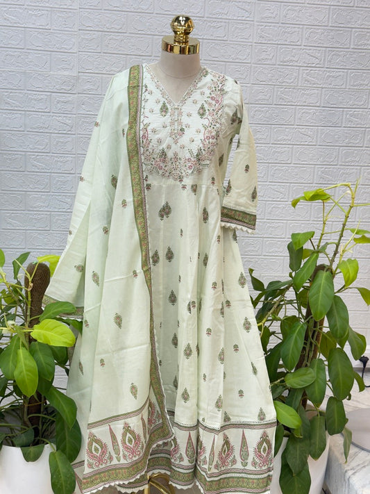 Premium Cotton Anarkali Suit Set – Mint Green