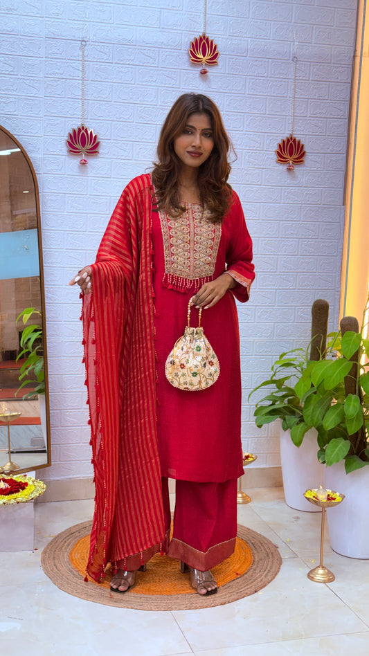 Dola Silk Suit with Exquisite Handcrafted Detailing & Tissue Palazzo – Rose Crimson Elegance