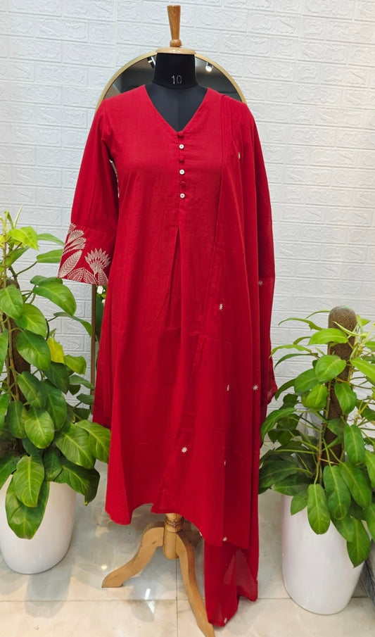 Premium Elegant Cotton Suit Set with Embroidered Detailing – Ruby Red