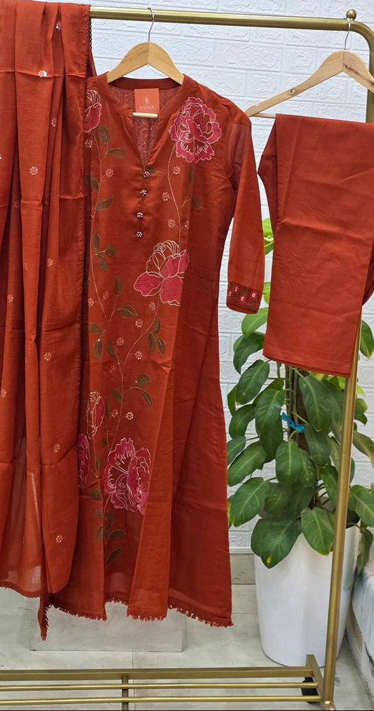 Floral Embroidered Cotton Straight Suit Set – Olive Green & Rust Orange