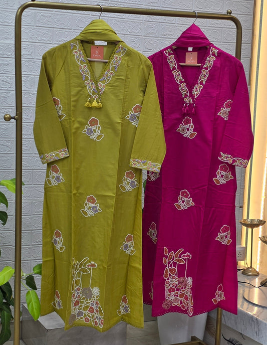 Premium Floral Embroidered Cotton Straight Suit Set – Olive Green & Rani Pink