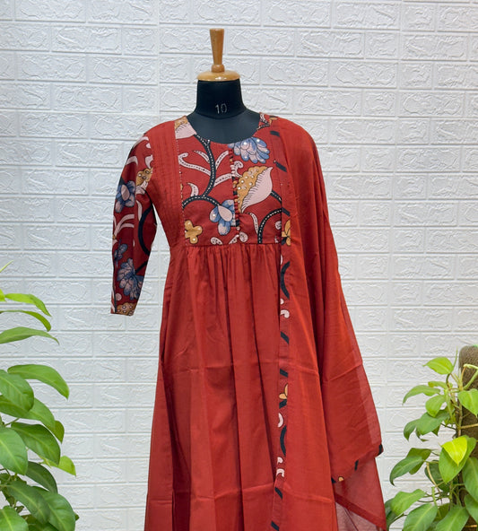 Premium Printed Cotton Anarkali Suit Set with Elegant Dupatta – Rust Red
