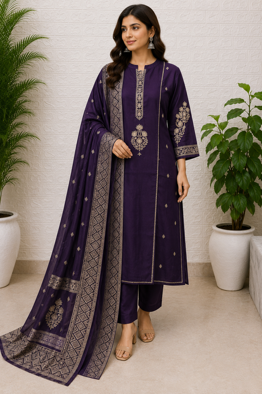 Embroidered Cotton Straight Suit Set – Royal Purple & Bottle Green