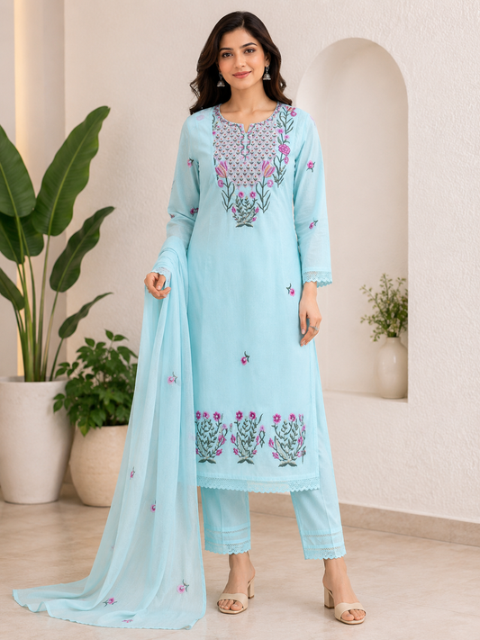 Premium Cotton Anarkali Suit Set – Powder Blue