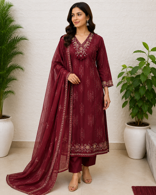 Embroidered Cotton Suit Set – Maroon