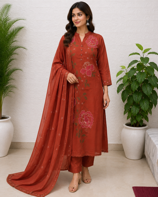 Floral Embroidered Cotton Straight Suit Set – Olive Green & Rust Orange