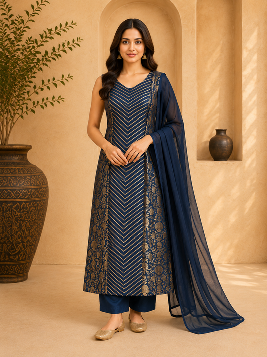 Premium Banarasi Brocade Straight Suit Set – Navy Blue & Wine