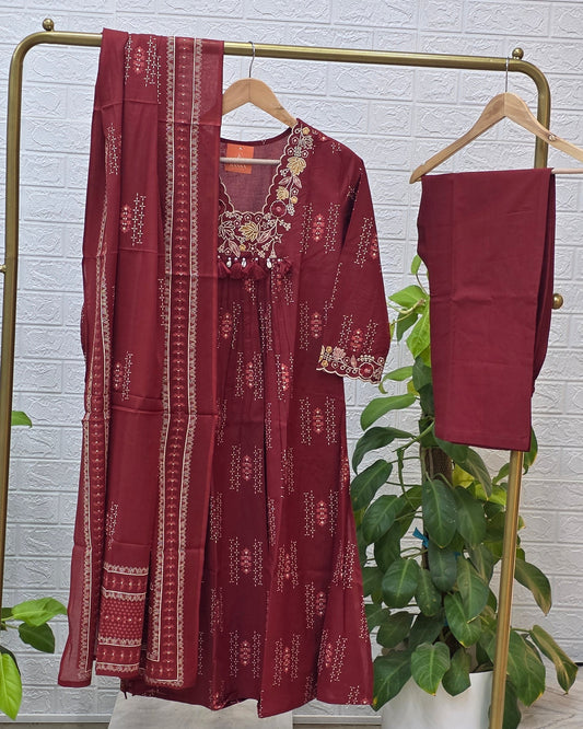 Embroidered Cotton Suit Set – Maroon