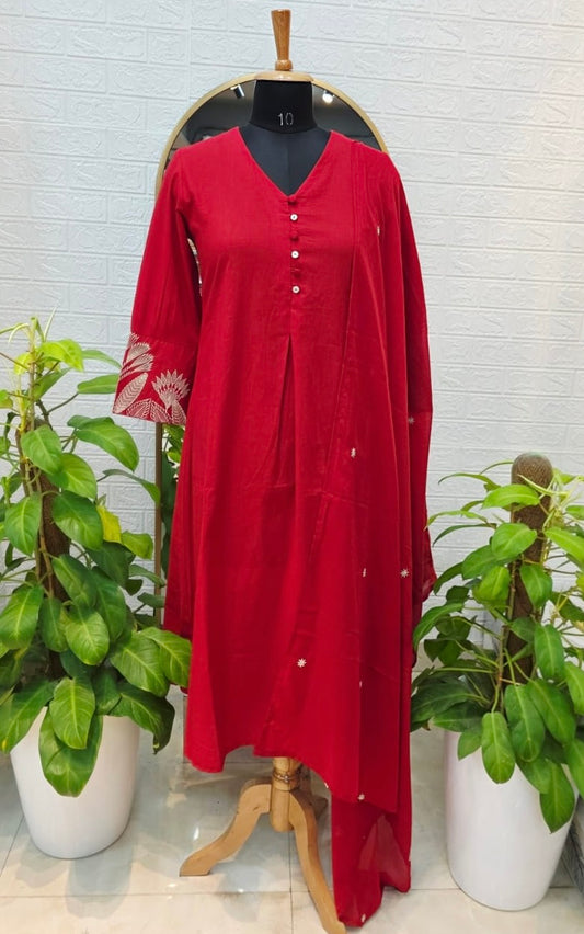 Premium Elegant Cotton Suit Set with Embroidered Detailing – Ruby Red