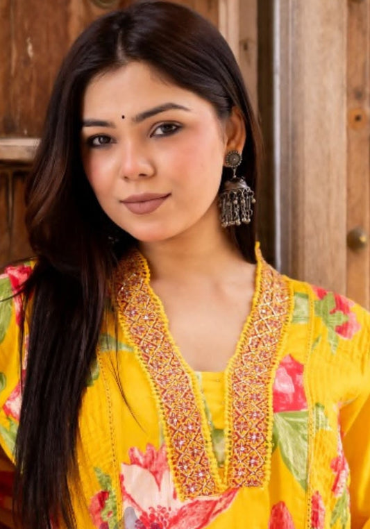 Lotus print Yellow Cotton Suit
