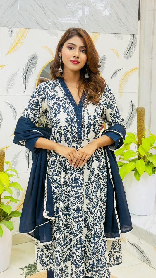Cotton Anarkali Suit – Navy Blue & White