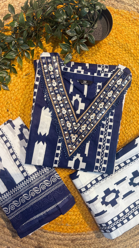 Blue Cotton Suit with Pom Pom