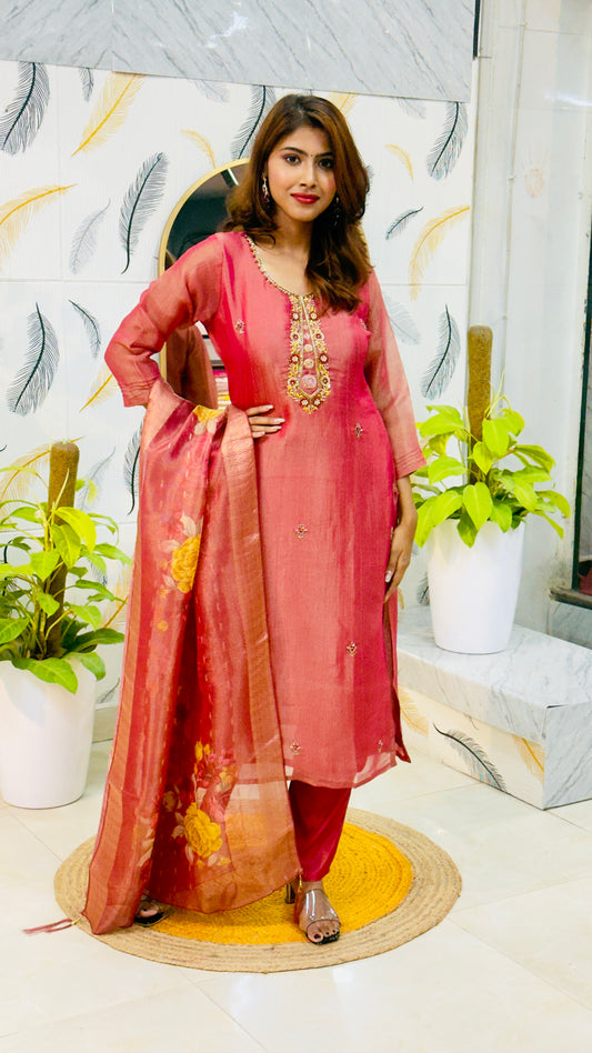 Tissue Silk Suit (Handwork Near Neck Yoke + Digital Print Dupatta) - Maroon