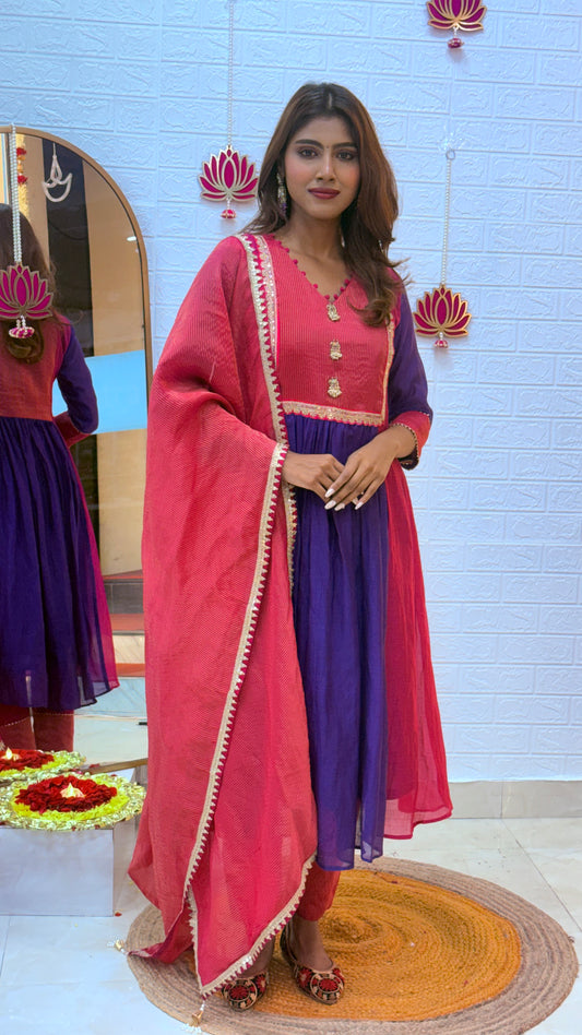 Premium Mul Chanderi with Tissue Dupatta-Pink&Purple