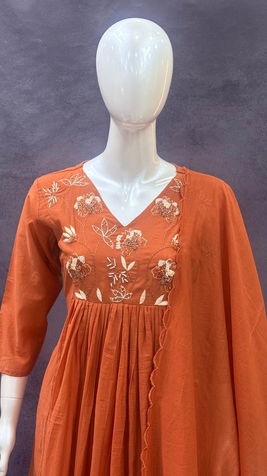 Rust Mul Chanderi A-line Salwar Suit