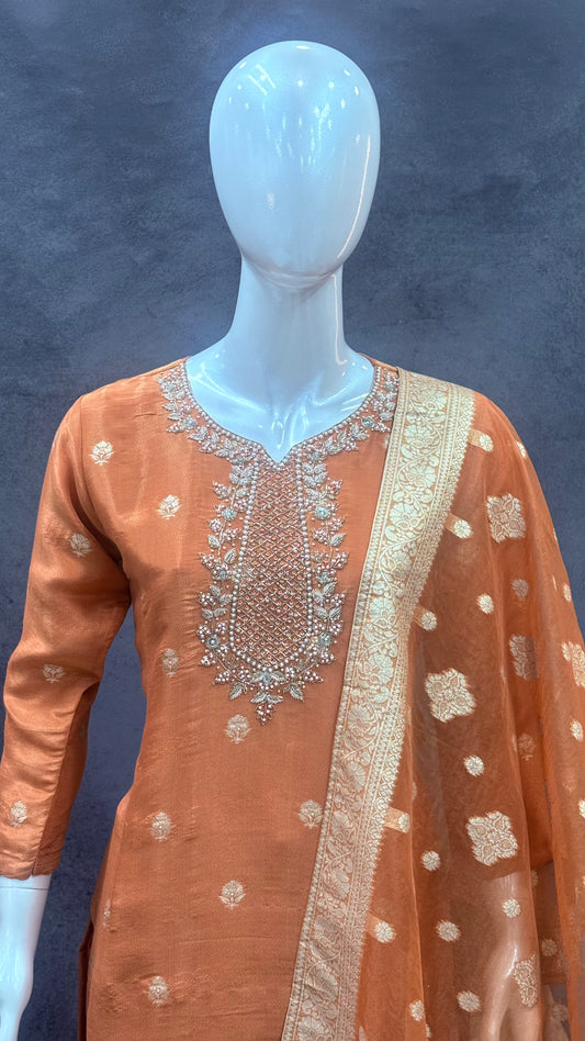 Rust Tissue silk with Organza Dupatta