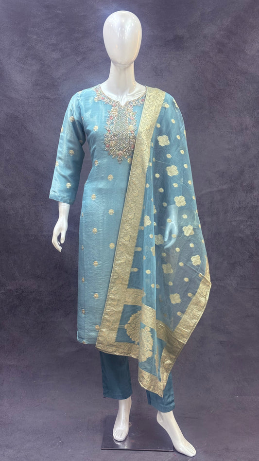 Blue Tissue silk with Organza Dupatta