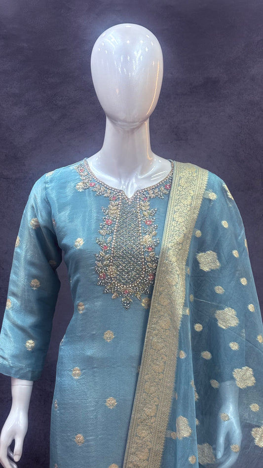 Blue Tissue silk with Organza Dupatta