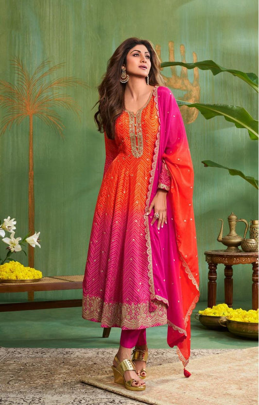 Orange Ombre Anarkali Silk Suit
