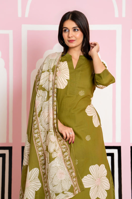 Green Pallazo dupatta Cotton Suit