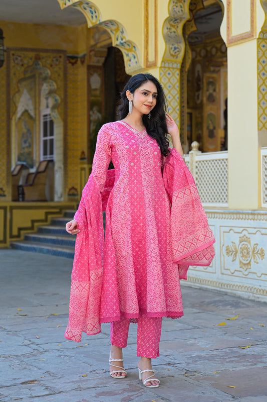 Gulab Pink Cotton Anarkali Suit