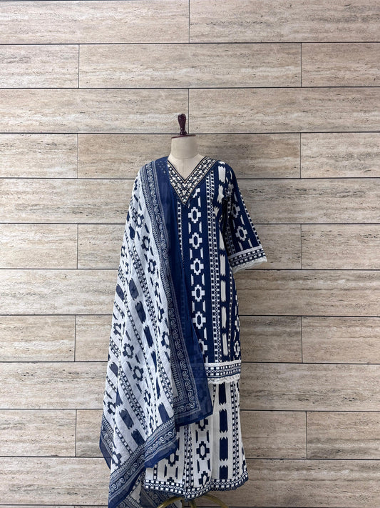 Blue Cotton Suit with Pom Pom