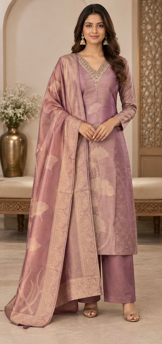 Mauve Gold Floral Ethnic Suit Set