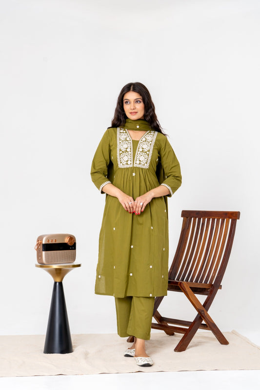 Green A-line Cotton Suit