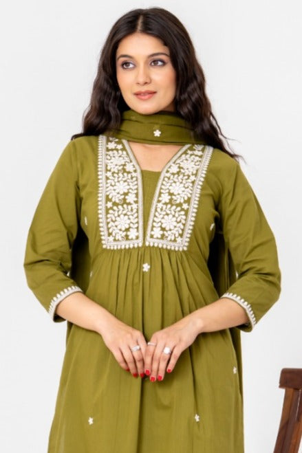 Green A-line Cotton Suit
