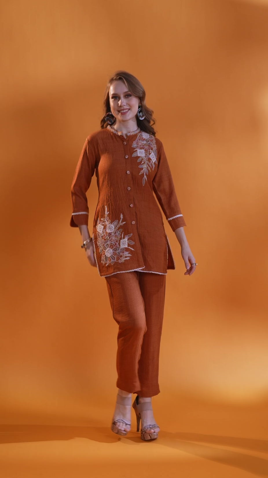 Rust Heritage Premium Imported fabric Co-ord Set with Statement Neckline