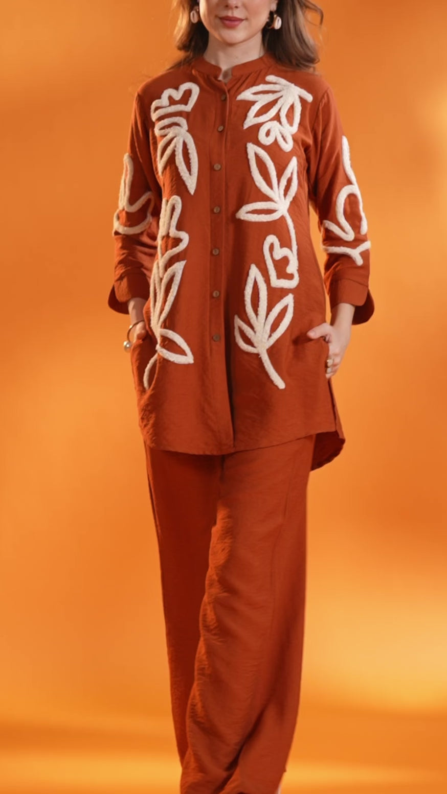 Rust Boho Premium Imported fabric Co-ord Set with Folk Motifs & Soft Pleats